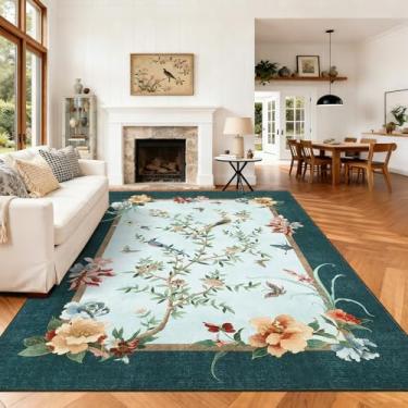 Imagem de GarveeHome Tapete de área 22 x 30,5 cm, estilo chinês, lavável, 22,5 x 30,5 cm, borboleta colorida oriental, tapete floral, antiderrapante, pilha baixa para crianças, sala de estar, quarto, berçário