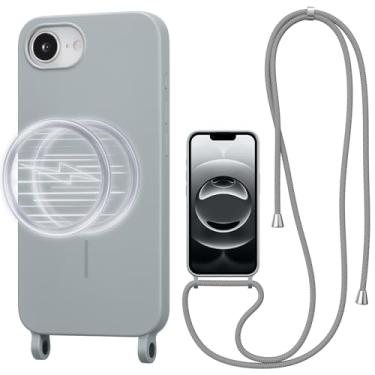 Imagem de UCASONG Capa transversal magnética para iPhone 16E de 6,1 polegadas, capa de silicone líquido com alça ajustável no pescoço, [compatível com MagSafe] Capa protetora de telefone à prova de choque