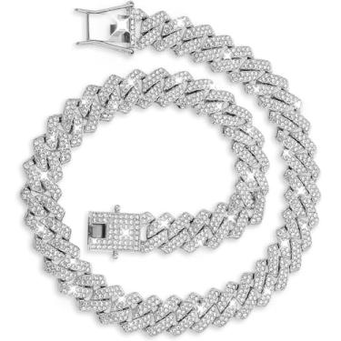 Imagem de Prasacco Corrente de elos cubanos para homens e mulheres - prata, colar de corrente de diamante gelado de 45,7 cm, joia hip hop
