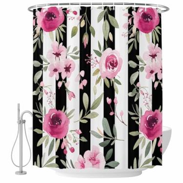 Imagem de Cortina de chuveiro flores rosa folhas florais listras pretas conjunto de cortinas de chuveiro tecido impermeável cortina de banho para banheiro decoração de banheira acessórios de casa 182 x 182