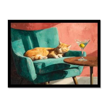 Imagem de Gato preto com estampa de arte de Martini fofo gato peculiar coquetel bar decoração moderna casa cozinha arte de parede pintura em tela pôster estética (SKU12,16x24") (40 x 60 cm), moldura preta para