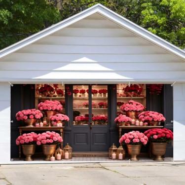 Imagem de Grande faixa decorativa para porta de garagem para dia dos namorados, 2,1 x 5,9 m, decoração de porta de garagem de loja de flores para dia dos namorados, vermelho, rosa, vela bandeira, amor,