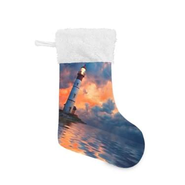 Imagem de ATTX Meias de Natal Dark Sky Lighthouse, suportes de presente brancos de pelúcia para decorações de festas de fim de ano (17,7 polegadas, 1 pacote) #518