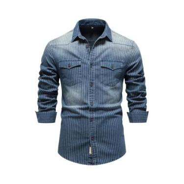 Imagem de Camisas De Denim Slim Fit Para Homens AIOPESON Em Algodão Listradas De