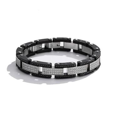 Imagem de Qing Birdee Pulseira masculina de luxo de aço inoxidável, design de corrente de zircão pavé, 13 mm de largura, 21 cm, disponível em prata, ouro, preto, One Size, Aço inoxidável, Sem Pedra Preciosa