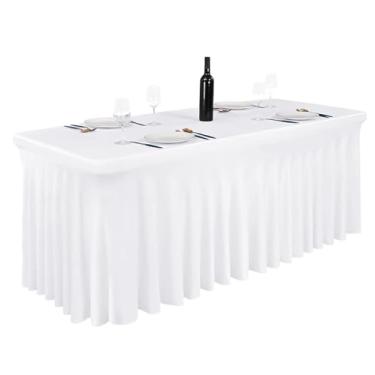 Imagem de emopaw Saia de mesa para mesas retangulares de 1,8 m, 183 x 76 cm, roupas de mesa de elastano elástico, capa resistente a rugas, capa elástica com babados para banquetes, casamentos, festas (branca