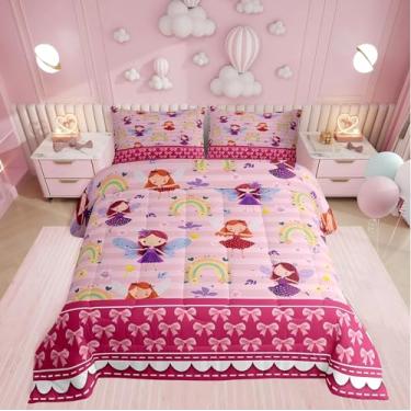 Imagem de Erosebridal Conjunto de edredom de princesa mágica, solteiro, arco-íris, para crianças, edredom com laço rosa sonhador, fofo, com laço, rosa, para decoração de quarto