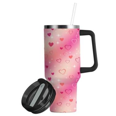 Imagem de ATTX Copo de coração rosa de 850 g com alça, copo de aço inoxidável a vácuo de parede dupla com palha, caneca de café de viagem isolada #192