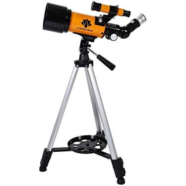 Imagem de pcagfaajmh Telescópio portátil de viagem para crianças e adultos, telescópio refrator de 70 mm, com tripé e localizador, mochila e filtro de lua, abertura de 70 mm, lente Barlow 3X, laranja