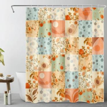 Imagem de NEONWE Cortina de chuveiro boho patchwork, padrão geométrico xadrez vintage para banheiro, decoração de banheiro de tecido abstrato rústico à prova d'água com ganchos de plástico, 152 cm L x 182 cm C