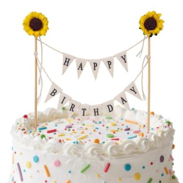 Imagem de Topo de bolo com bandeira de feliz aniversário, flâmula feita à mão e guirlanda de girassol decoração de bolo de aniversário para decoração de festa suprimentos