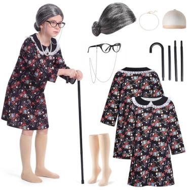 Imagem de Mprocen Fantasia de senhora para 100 dias de escola, kit de fantasia de avó, acessório para óculos, acessório de camisola, vestido de noiva, Preto, L(10-12Y) 145-150CM