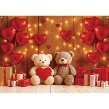Imagem de Cenário de Dia dos Namorados de 18 x 1,5 m – Pingente de parede com tema de balão de coração de urso de pelúcia extragrande, suporte de cabine de fundo romântico para decoração de festas internas e