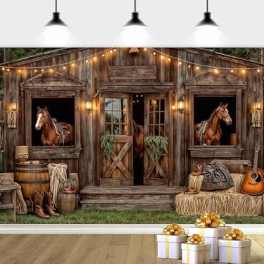 Imagem de Fundo de foto de cavalo de celeiro de madeira com fundo de caubói ocidental de 2,8 x 1,5 m, fundo retrô para fotografia ocidental, tema oeste, faixa de festa, chá de bebê, aniversário, adereços para