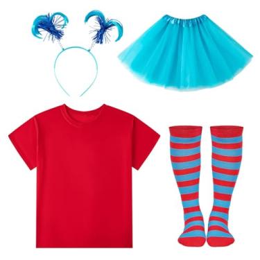 Imagem de Conjunto de acessórios de tutu de tule para meninas, camisetas vermelhas, saia tutu azul, faixa de cabeça e meias, Vermelho, 5-6 Anos