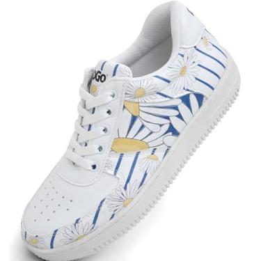 Imagem de Tênis feminino branco – Tênis fashion feminino feito à mão, couro vegano e design exclusivo, Listras margaridas, 35