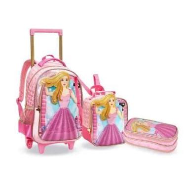 Imagem de Kit Mochila Rodinha Boneca Princesa Rosa Meninas Escolar Denlex