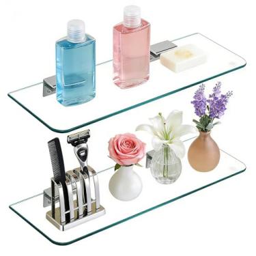 Imagem de Koilria Prateleiras de vidro, prateleiras de chuveiro de vidro para banheiro, prateleiras flutuantes de vidro temperado para parede com suportes de alumínio, 2 camadas, 38 x 12 cm, furadeira ou sem