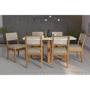 Imagem de Sala Jantar Mesa Elma Premium Madeira Maciça c/ Tampo Madeirado c/ Vidro 170x90cm e 6 Cadeiras Lola Carvalho/Off White - Boucle Bege - Kappesberg