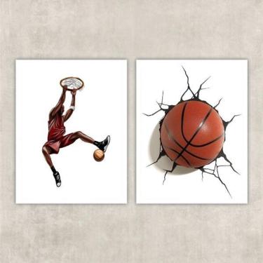Imagem de Kit 2 Quadros Decorativos Basquete Tridimensional 33X24Cm