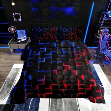 Imagem de Erosebridal Jogo de cama geométrico quadriculado para meninos, solteiro, vermelho neon, azul, decoração de quarto de jogadores, geométrico, quadriculado, geométrico, edredom preto