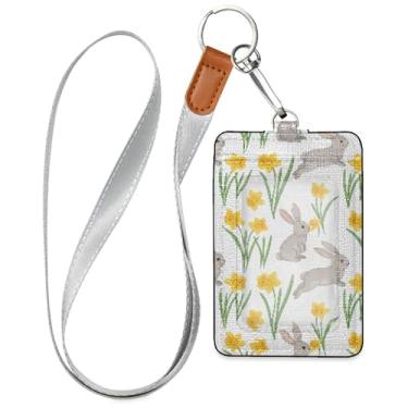 Imagem de Burbuja Porta-crachá de couro com cordão, etiqueta de identificação de flores de coelho com 1 janela transparente para identidade e 2 compartimentos para cartão para escritório, enfermeira, professor