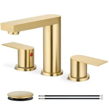 Imagem de Cinwiny Torneira de banheiro 3 furos, torneira de pia de banheiro de 20 cm com drenagem pop-up e linhas de suprimento, aço inoxidável 2 alças para penteadeira, lavatório, banheiro, comercial, ouro