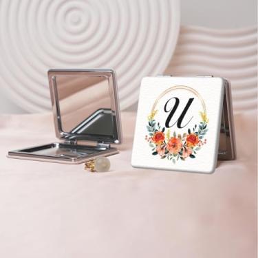 Imagem de Espelho de maquiagem portátil Flower Alphabet Series, mini espelho portátil dobrável, espelho de contorno quadrado portátil de dupla face, adequado para todos em qualquer ocasião