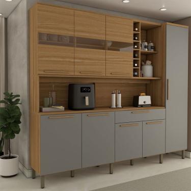 Imagem de Cozinha Compacta Vanguardia 8 Portas 1 Gaveta 100% Mdf com Vidro Amêndoa/Cinza - Panorama Móveis