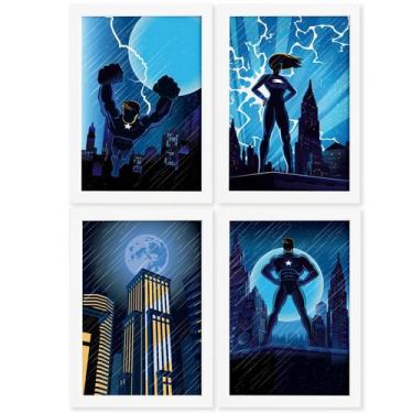 Imagem de Quadros Super Heróis Geek Moldura Branca 33x43cm 4un - Quartinhos