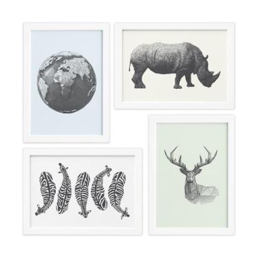 Imagem de Quadros Animais Safari Geométrico Moldura Branca 33x43cm 4un - Quartin