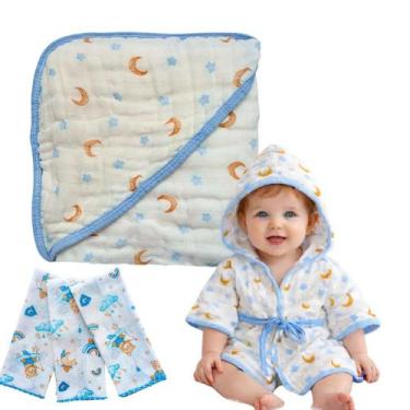 Imagem de Kit 1 Toalha Banho Com Capuz Soft Fralda +1 Roupão Soft Bebe + 3 Pano 