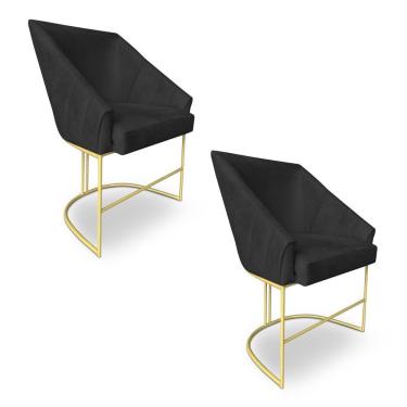 Imagem de Kit 2 Poltronas Decorativas Alana Veludo Base De Ferro Dourado - Pallazio Cor Preto