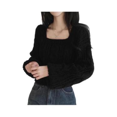 Imagem de Suéter Feminino De Manga Lanterninha Em Cor Sólida Para Outono E Inver