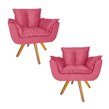 Imagem de Conjunto 2 Poltrona Estofada Base Giratória De Madeira Clínica Opala Suede Rosa Barbie...