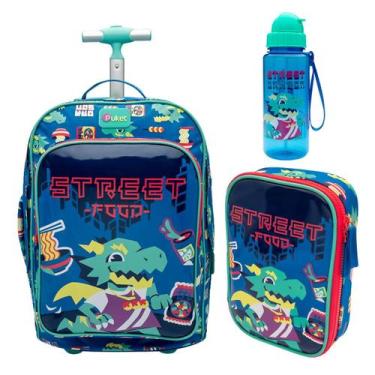Imagem de Kit Mochila Escolar Grande Com Rodinhas + Estojo + Garrafa Dragão Stre