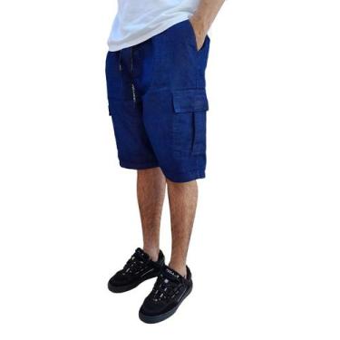 Imagem de Bermuda Cargo Jeans Masculina Larga Bolsos Laterais - Via Lance, Azul,