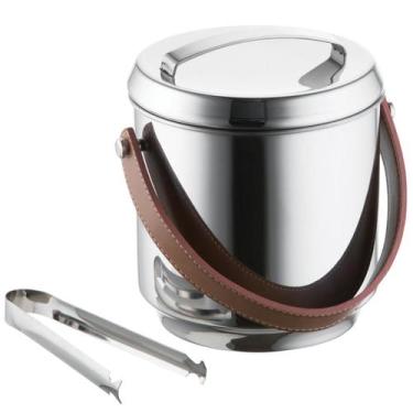 Imagem de Balde De Gelo Térmico Inox 2,3l Alça Em Couro Com Pegador E Container 