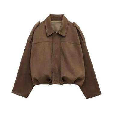 Imagem de Jaqueta Bomber Feminina Oversize De Camurça Cropped Com Zíper E Manga 