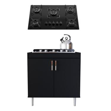 Imagem de Kit Balcão para Cooktop Turim com 2 Portas em MDF-MDP 78cm Preto com Cooktop 5 Bocas Movelove