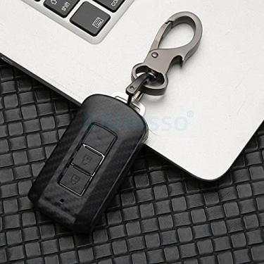 Imagem de YJADHU Porta-chaves de carbono porta-chaves da capa do porta-chaves do carro, adequado para Mitsubishi Outlander 3 Lancer 10 L200 Asx Colt Pajero Sport Eclipse Cross, conjunto de 2 botões