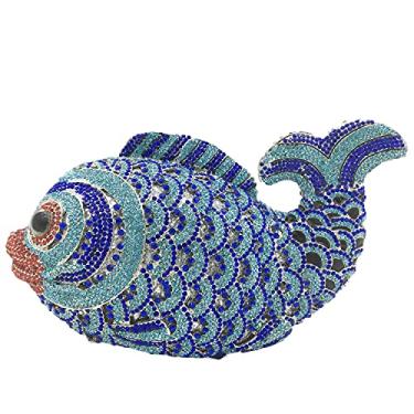 Imagem de Boutique De FGG Bolsa clutch feminina com strass de peixe, formal, para noite, formatura, festa de casamento, bolsa clutch de cristal, mini, Azul claro, Mini