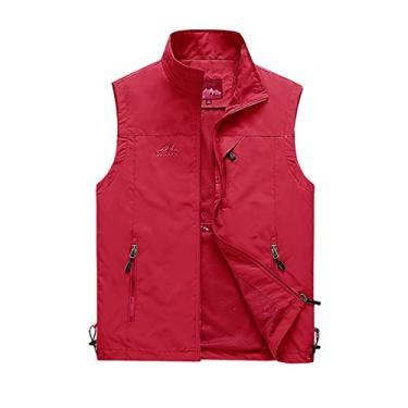 Imagem de WSLCN Colete masculino de pesca Safari para trabalho ao ar livre forrado com lã, Vermelho, 3G