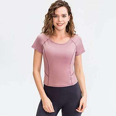 Imagem de Camiseta esportiva feminina gola oco manga curta elástico respirável absorção de umidade corrida ioga fitness roupas esportivas(Small)(Rosa dois)