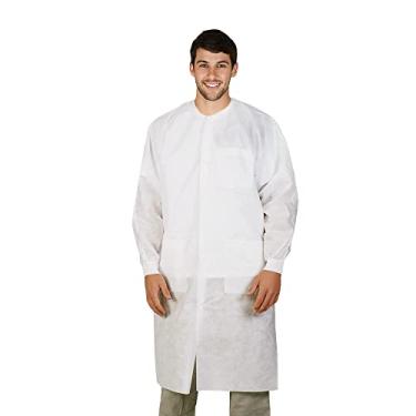 Imagem de EZGOODZ Jalecos descartáveis Pacote com 10 vestidos de trabalho brancos PP 45 g/m² X-Grande Roupa de proteção com botões na frente, punhos e colarinho de malha, 3 bolsos. Uniforme médico unissex na altura do joelho para adultos.