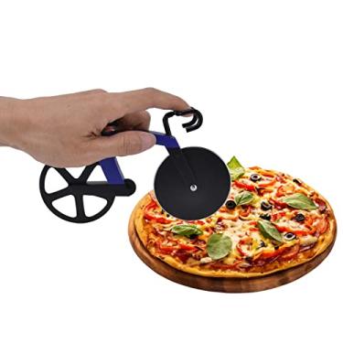 Imagem de rodas de corte antiaderentes de aço inoxidável com um suporte para amantes de pizza,Roda de cortador de pizza de bicicleta, acessório de cozinha de inauguração de casa de férias presente masculino legal (azul), roda cortador de pizza de bicicleta, St