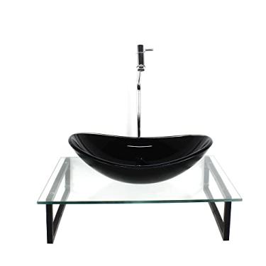 Imagem de KIT CUBA DE VIDRO OVAL 10MM PRETA TAMPO 50CM INCOLOR COM SUPORTE TORNEIRA VALVULA