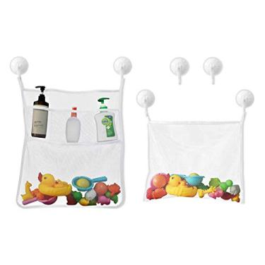 Imagem de Organizador de brinquedos de banho organizador de tela organizador para chá de bebê, caixa de banho, rede para crianças, banheira de secagem rápida, rede de malha, suporte de brinquedo para banheira, 2 x sacos de armazenamento de banheiro e 6 x ganchos fortes de sucção (branco) suporte de chuveiro