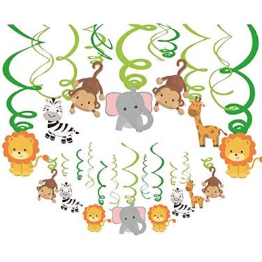 Imagem de 30 peças de animais da selva pendurados decorações de redemoinhos de festa safári redemoinhos pendurados decoração de teto com recortes de animais de safári de selva sortidos para tema de floresta, an