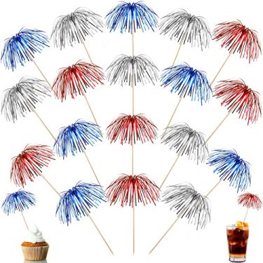 Imagem de 300 peças topos de cupcake de fogos de artifício de 22 cm palitos de dente de coquetel palitos de comida palitos de bolo de madeira folha com babados decoração de bolo Natal Halloween Dia das Bruxas Lembranças de festa de Ação de Graças (azul, vermelho, prata)
